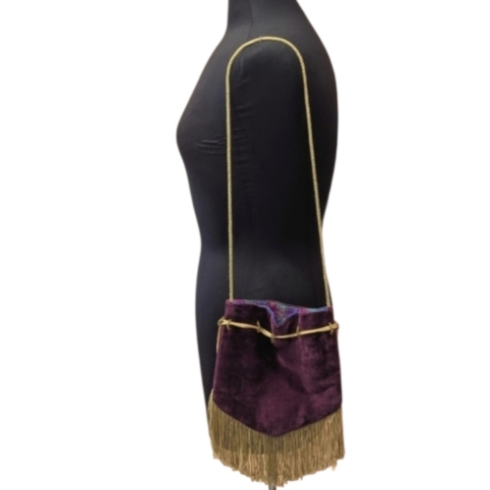 Vintage Handmade Pouch Handbag Mini Bag Fringe Velvet Drawstring Renaissance